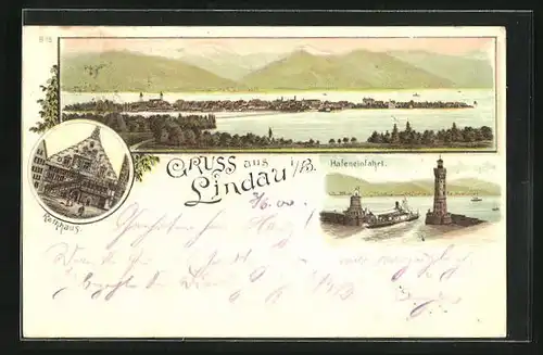 Lithographie Lindau i. B., Hafeneinfahrt mit Leuchtturm, Rathaus, Blick auf Insel