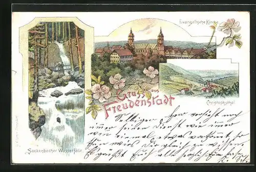 Lithographie Freudenstadt, Christophsthal, Evangelische Kirche, Sankenbacher Wasserfälle