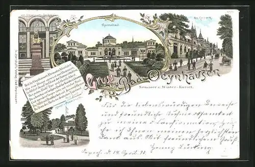 Lithographie Bad Oeynhausen, Spaziergänger am Kurpark, Thermalbad, Denkmal