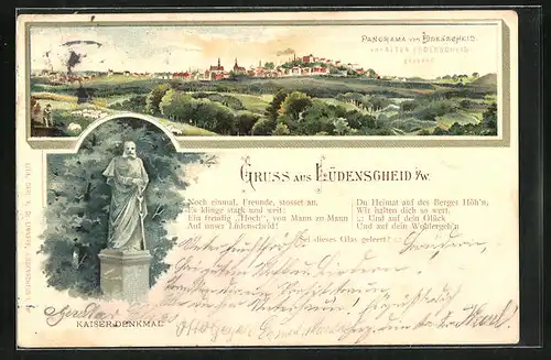 Lithographie Lüdenscheid i. W., Kaiser Denkmal, Panorama des Ortes