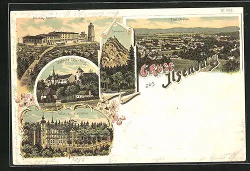 Lithographie Ilsenburg, Hotel zur Waldhöhe, Ilsenstein, Schloss, Brocken-Ansicht