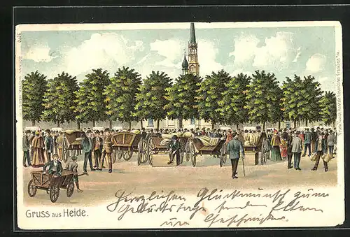 Lithographie Heide, Geschäftiges Leben auf dem Viehmarkt