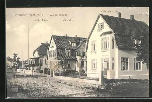 AK Timmendorferstrand, Wolburgstrasse mit Hotel Pensionen Villa Paula, Villa Ilse und Villa Karlsruh