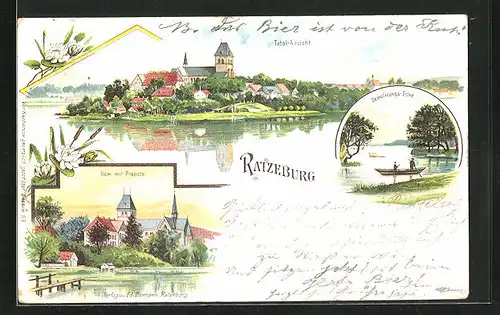 Lithographie Ratzeburg, Demolierungs-Ecke, Dom mit Probstei, Totalansicht