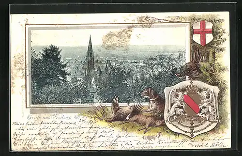 Passepartout-Lithographie Freiburg, Ortsansicht, Jagdhund mit Beute, Wappen