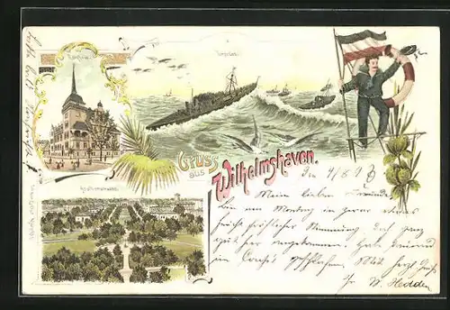 Lithographie Wilhelmshaven, Matrose mit Kaiserreichfahne, Kriegsschiffe Torpedos, Rathaus