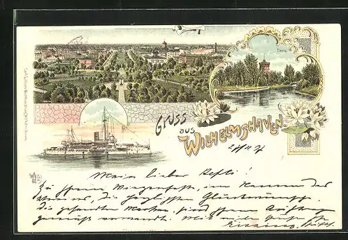 Lithographie Wilhelmshaven, Park, Kriegsschiff, Ortsansicht
