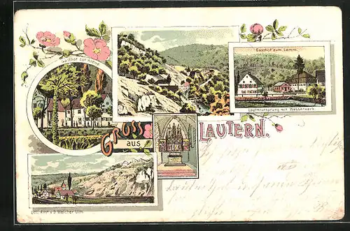 Lithographie Lautern, Gasthof zur Krone, Gasthof zum Lamm, Innenansicht einer Kirche