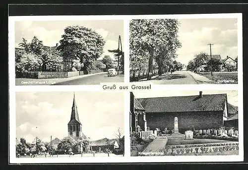 AK Grassel, Geschäftshaus Lütge, Kirche, Kriegerdenkmal