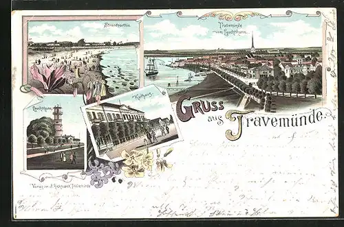 Lithographie Travemünde, Aussicht vom Leuchtturm, Strandpartie, Kurhotel