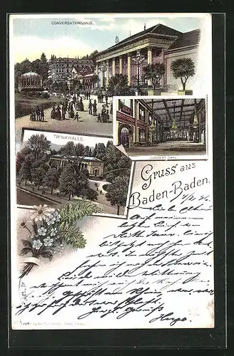 Lithographie Baden-Baden, Trinkhalle, Conversationshaus, Concert Saal