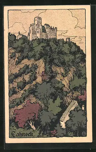 Steindruck-AK Lahneck, Blick auf Burg