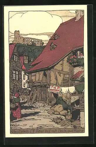 Steindruck-AK Königstein i. T., Alter Hof mit Blick auf Ruine