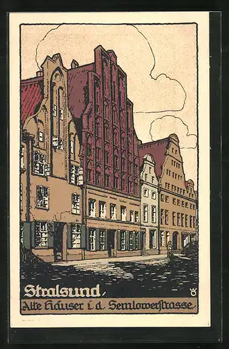Steindruck-AK Stralsund, Alte Häuser i. d. Semlowerstrasse