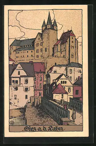 Steindruck-AK Diez a. d. Lahn, Brückenpartie mit Blick zur Burg