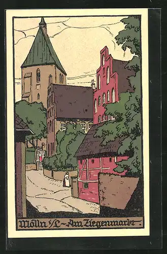 Steindruck-AK Mölln i. L., Partie am Ziegenmarkt