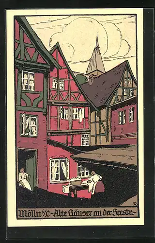 Steindruck-AK Mölln i. L., Alte Häuser an der Seestrasse