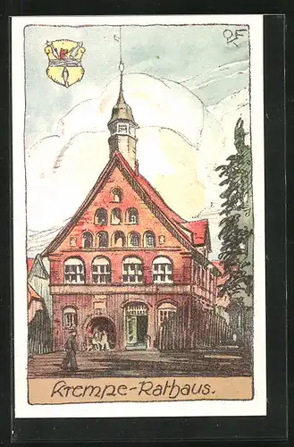 Steindruck-AK Krempe, Blick auf Rathaus, Wappen