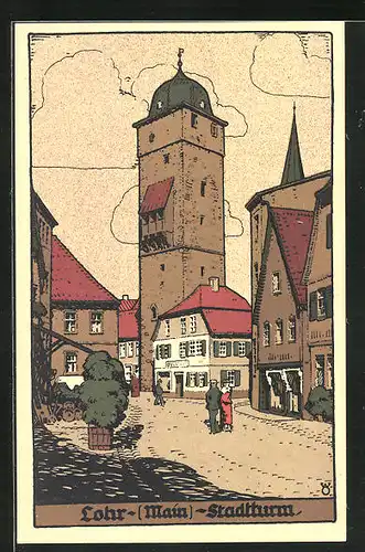 Steindruck-AK Lohr /Main, Stadtthurm