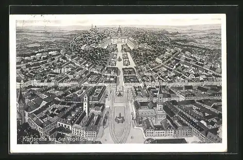 Künstler-AK Karlsruhe, Teilansicht mit Schloss aus der Vogelschau