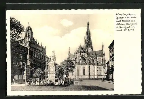 AK Runkel a. Rhein, Grosser Markt mit Rathaus, Kirche und Kriegerdenkmal