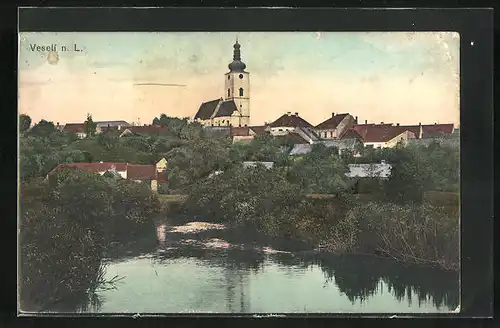 AK Veseli n. L., Ortsansicht mit Kirche