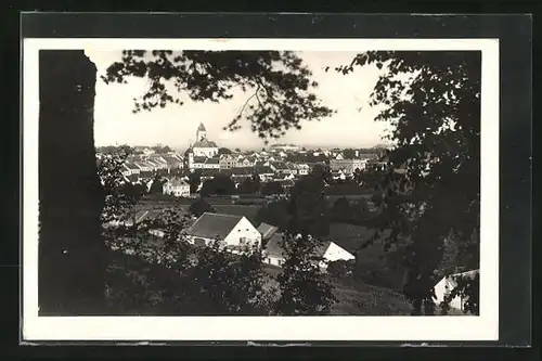 AK Dacice, Totalansicht vom Ort mit Kirche