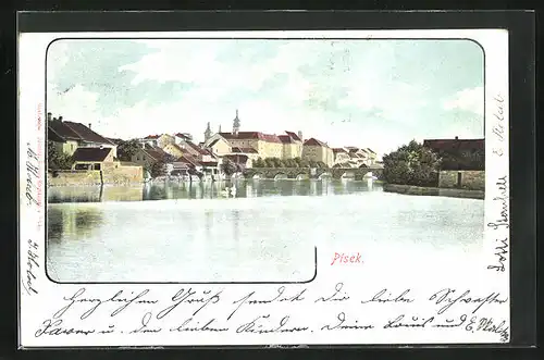 AK Pisek, Ortspartie mit Brücke und Kirche