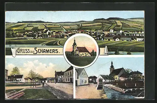 AK Schamers, Teilansicht, Uferpartie mit Kirche, Ortspartie
