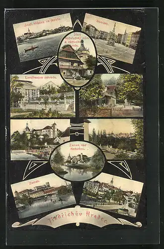 AK Neuhaus / Jindrichuv Hradec, Gasthaus, /Hostinec Rudolfov, Námesti /Marktplatz, Zámek