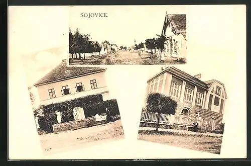 AK Sojovice, Strassenpartie mit Geschäft, Denkmal, Gebäudeansicht