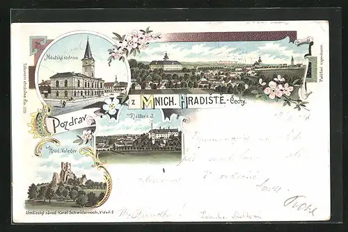 Lithographie Mnich Hradiste, Mestska radnice, Hrad Valecov, Klaster n. J.