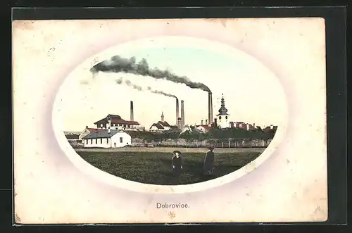 Präge-AK Dobrovice, Fabrik mit Kindern, Passepartout