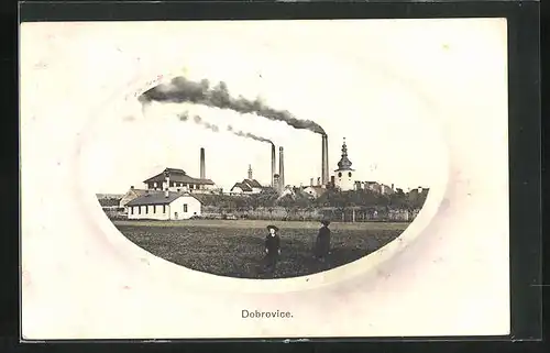 Präge-AK Dobrovice, Fabrik mit Kindern, Passepartout