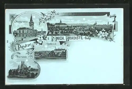 Mondschein-Lithographie Mnich. Hradiste, Mestska radnice, Hrad Valecov, Klaster n. J.