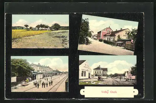 AK Velky Osek, Gasthaus, Bahnhof, Ortspartie