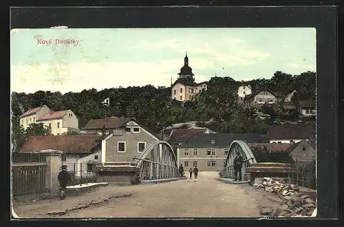 AK Nové Benátky, Ortsansicht mit Brücke