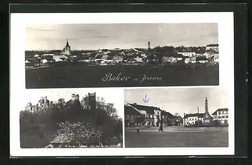 AK Bakov n. Jizerou, Burgruine, Marktplatz, Panorama