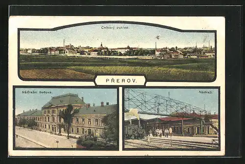 AK Prerov, Nádrazi /Bahnhof, Nádrazni budova, Celkovy pohled