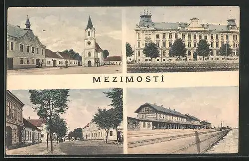 AK Mezimosti, Bahnhof, Strassenpartien im Ort mit Kirche