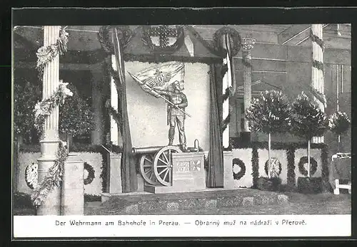 AK Prerau, Wehrmann mit Flagge auf Kanone stehend, Nagelung zur Kriegshilfe