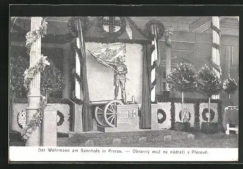 AK Prerau, Nagelung eines Wehrmannes mit Flagge am Bahnhof