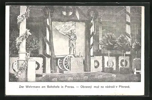 AK Prerau, Geschmückte Säulen am Bahnhof, Wehrmann Nagelung, Kriegshilfe