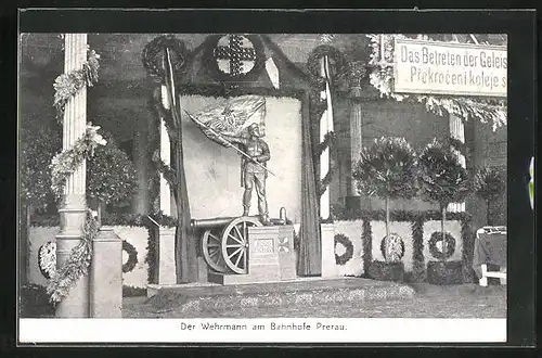 AK Prerau, Soldat auf Kanone mit Fahne, Nagelung am Bahnhof
