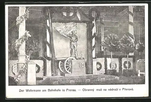 AK Prerau, Kriegshilfe, Nagelung, Wehrmann auf Kanone mit Flagge
