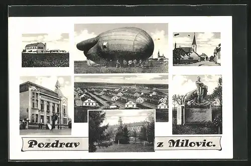 AK Milowitz / Milovice, Ballon, Kirche, Denkmal, Lager