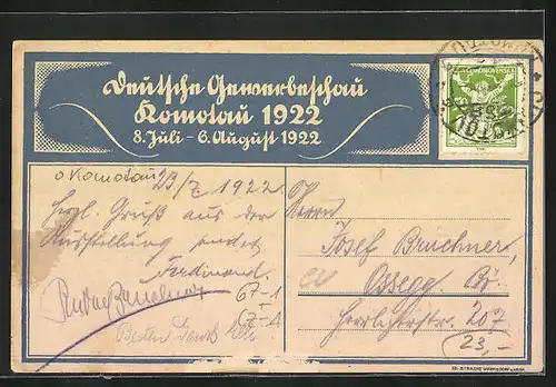 Künstler-AK Komotau / Chomutov, Eingang zur Ausstellung 1922
