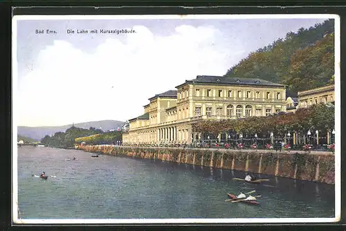 AK Bad Ems, Die Lahn mit Kursaalgebäude und Booten