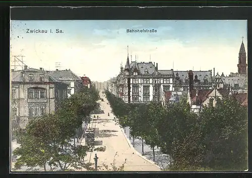 AK Zwickau i. Sa., Bahnhofstrasse mit Strassenbahn