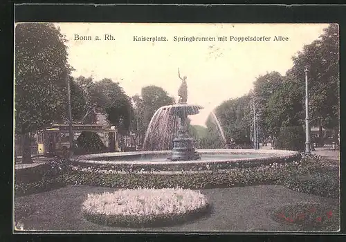 AK Bonn a. Rh., Kaiserplatz mit Poppelsdorfer Allee und Springbrunnen